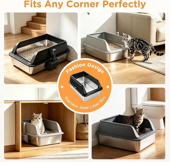 Aphyxen 2Pack XL Stainless Steel Litter Box with High Sides Shield for Multi Cats, 23 "L x 14.61 "W x 9.9 "H Open Top Cat Box for Big Cats, Anti-Leak Non-Stick Odor Control, 2 Scoops, Dark Grey