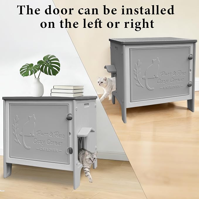 Cat Litter Box Enclosure Furniture Plastic Hidden Enclosed Litter Box Cabinet Cat House Kitty End Table for Living Room, Entryway, Balcony, Bedroom
