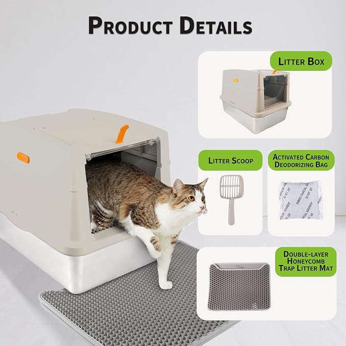 Large Stainless Steel Cat Litter Box with Lid, Enclosed High Sided Sifting Metal Litter Boxes with Scoop for XL Cats, Multicat, Non-Sticky, Anti-Leakage, Easy Cleaning, Sand