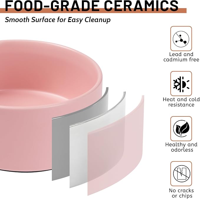 Dog Bowls, Non Slip Ceramic Dog Food and Water Bowl with Silicone Base, Heavy Pet Feeding Bowl for Puppies, Small and Medium Dogs (White+Pink, 6 Inches)