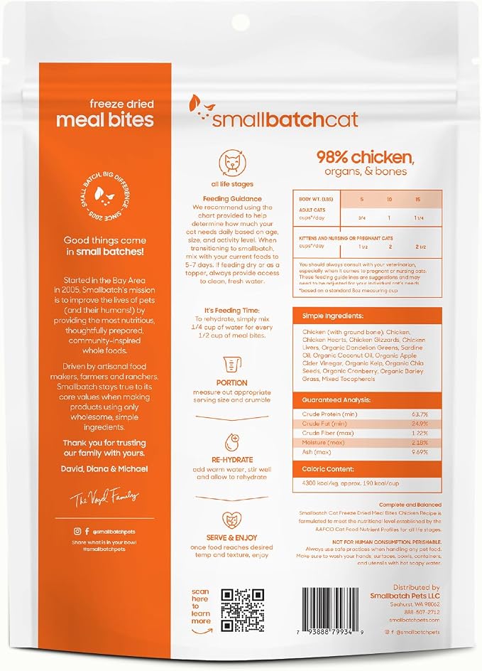 smallbatch Freeze-Dried Raw Cat Food, Shelf Stable Food Bites, Chicken Recipe, High Protein Meal or Topper for Cats, Humanely Raised Meat, Organic, Non-GMO Produce, Made in the USA, 10oz Bag