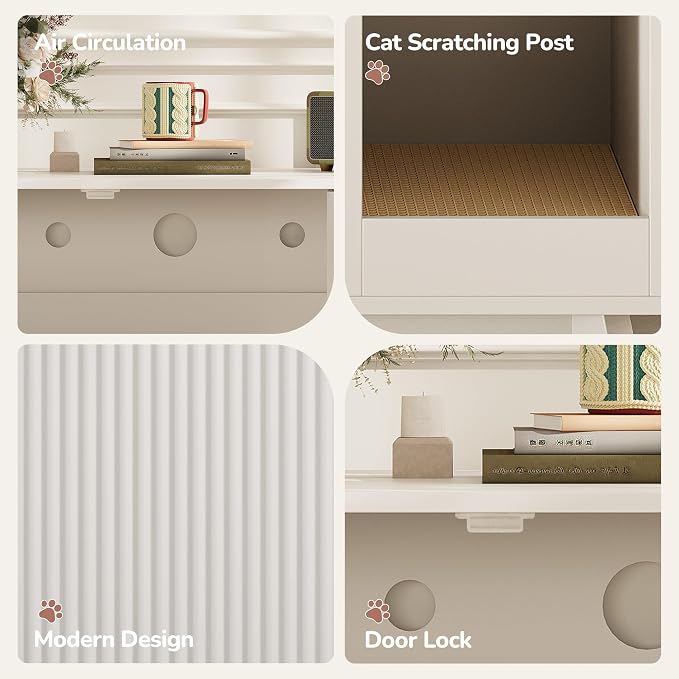 Cat Litter Box Enclosure Hidden Litter Box Furniture with Scratch Pad Cat House Wooden Cat Washroom Cabinet 2-in-1 for Living Room,Hallway,White