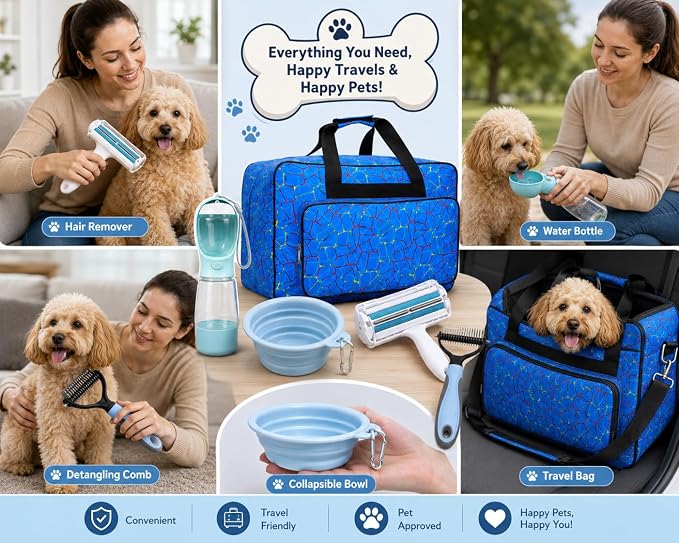 PawKit- All-in-one Dog Travel and Grooming Kit:- Deshedding Rake, Portable Water Bottle Feeder, Pet Hair Lint Roller, Collapsible Bowl, Poop Bag Dispenser, and a Travel Storage Bag. (Blue)