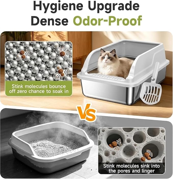 Stainless Steel Litter Box Metal High Sided Extra Large Cat Litterbox, Anti-Urine Leakage, No Odors, Easy Cleaning, Non-Stick, Include Scoop