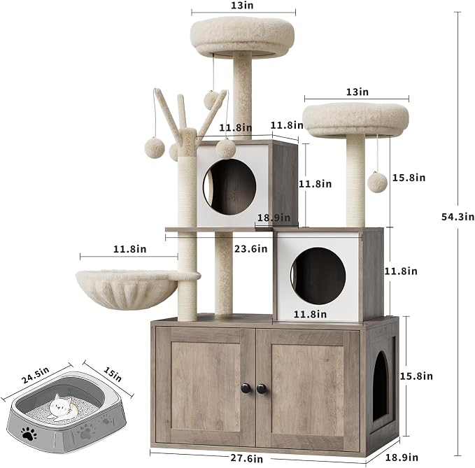 GAOMON Litter Box Enclosure with Cat Tree Tower 2-in-1 Modern Hidden Pet Washroom Furniture with Condo Hammock Scratching Posts and Multiple Soft Perches