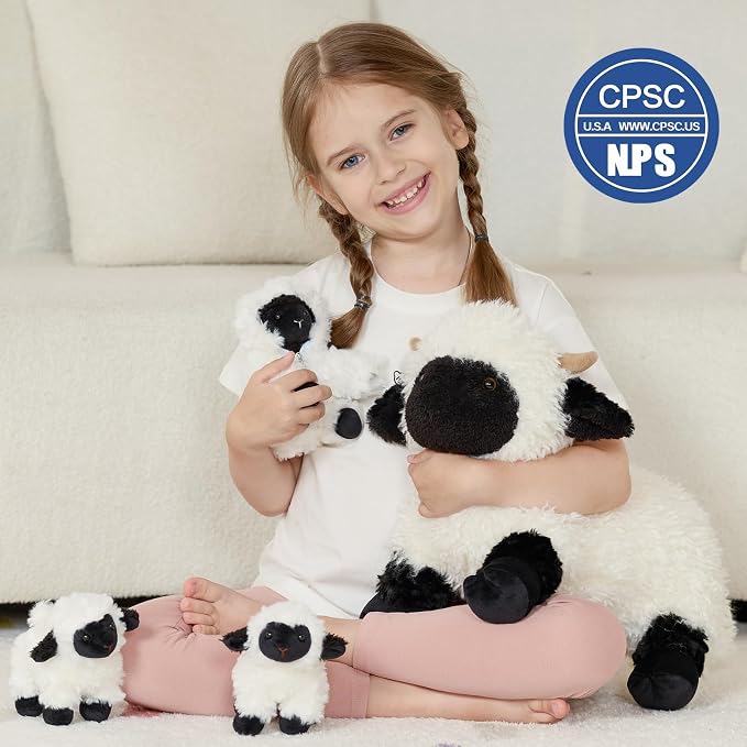 Tezituor 4Pcs Valais Blacknose Sheep Stuffed Animals Set, 18 Inch Large Mommy Stuffed Sheep Plush with 3 Cute Lamb Babies, Realistic Lamb Plushies Gift for Girls Boys Easter Birthday Decor
