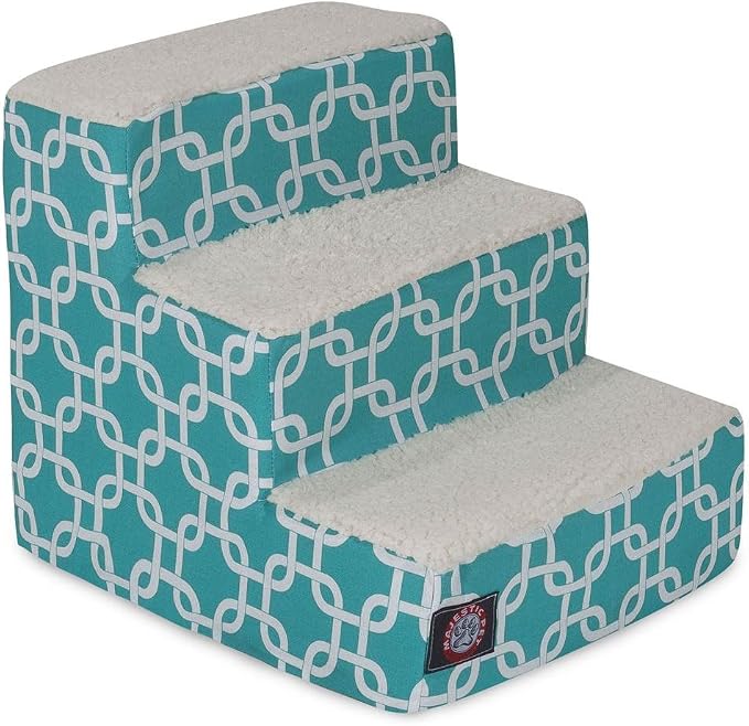 Majestic Pet 3 Step Portable Dog Stairs for Small Dogs to get on Bed Supports 25 lbs or Less – Dog Steps for High Bed with Machine Washable Cover – Pet Stairs for Cats Links Teal