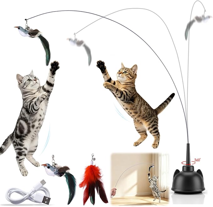 2 In 1 Electric Cat Wand Toy Interactive Cat Toys for Indoor Cats 360° Cat Toys for Bored Indoor Adult Cats, 2-Speed Fly Cat Chase Toy Automatic Cats Toys with Suction Cup Electric Cat Teaser Wand