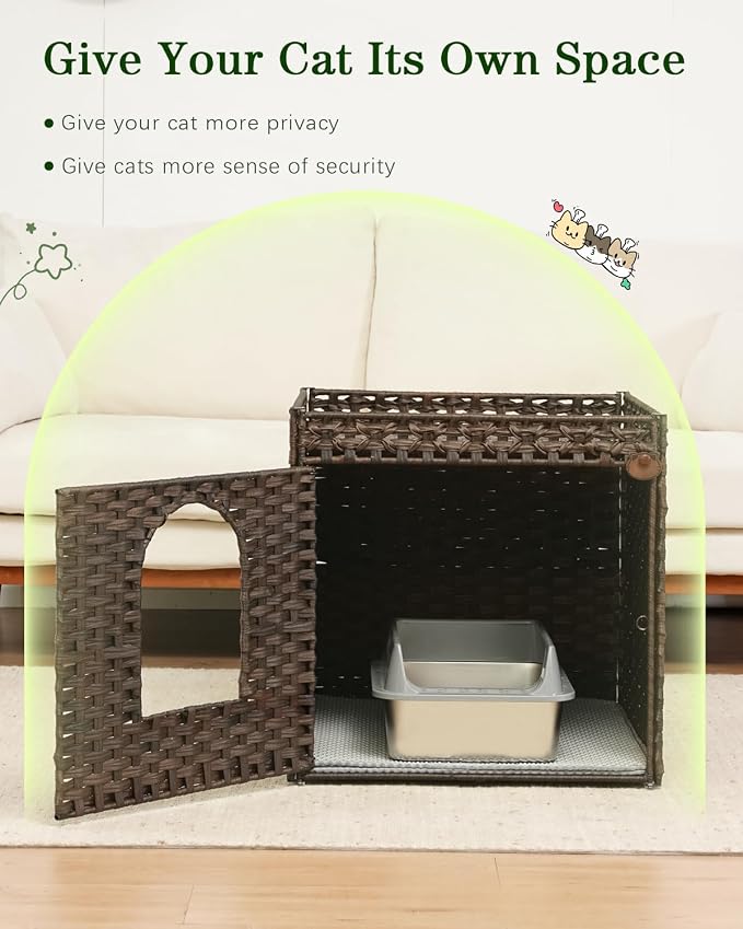 SETVSON Cat Litter Box Enclosure Furniture, Large Hidden Litter Box Furniture, Handwoven Rattan Cat House Cabinet, One Mat, Two S-Shaped Hooks, Living Room, Apartment 21.6 X 26 X 21.6 Inches, Brown