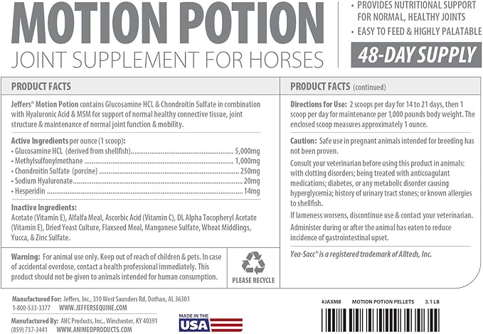 Jeffers Motion Potion Horse Joint Supplement Pellets – Glucosamine HCL, MSM, Chondroitin, Hyaluronic Acid, Vitamin C & E, Daily Equine Support for Senior & Active Horses – 3.1, lbs 48 Day Supply
