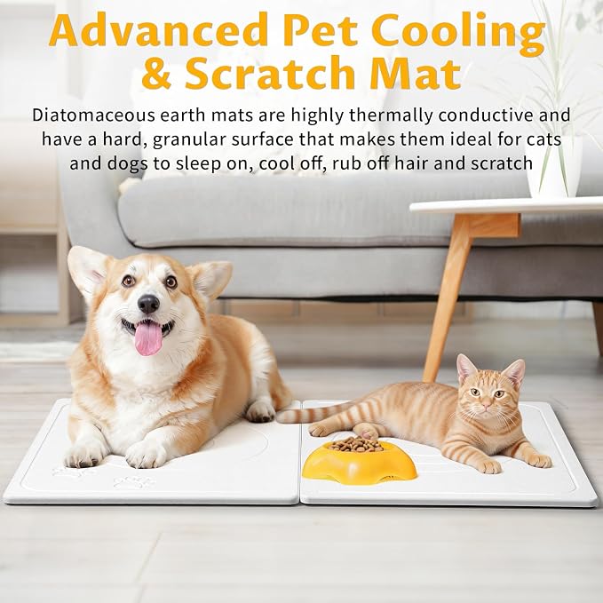 Stone Dog & Cat Food Mat, Bite-Proof Non-Slip Large Diatomaceous Pet Feeding Mat for Puppy Cat, Summer Cooling Quick Drying Dog Cat Water Bowls Mat for Protect Floor (White 24" x 16")