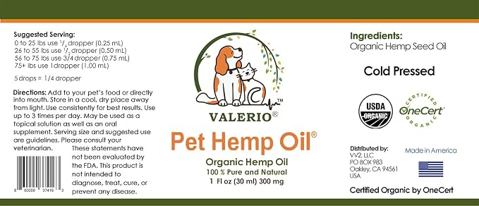 Valerio Pets Hemp Oil for Dogs and Cats - 1 Oz - Hemp Oil Drops with Omega Fatty Acids - Hip and Joint Support and Skin Health