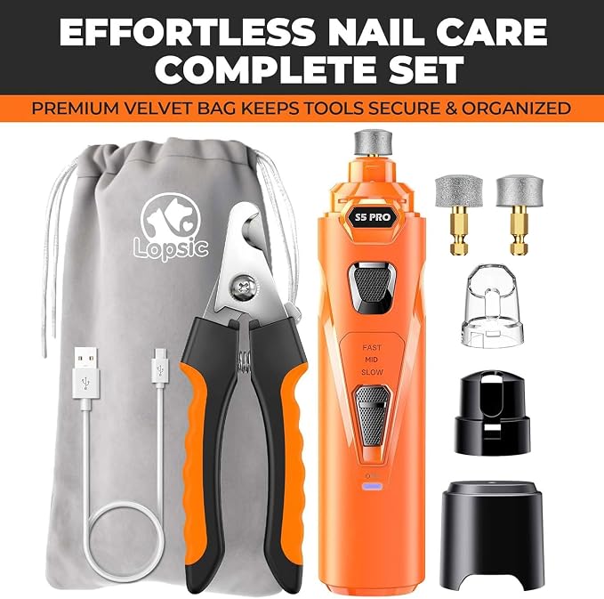 Whisper Quiet Dog Nail Grinder with 4 LED Lights, Safe & Stress-Free for Sensitive Dogs of All Breeds & Sizes, 3 Grinding Bits, 3-Speed, Pet Nail Trimmers, Rechargeable Painless Grooming Kit Orange