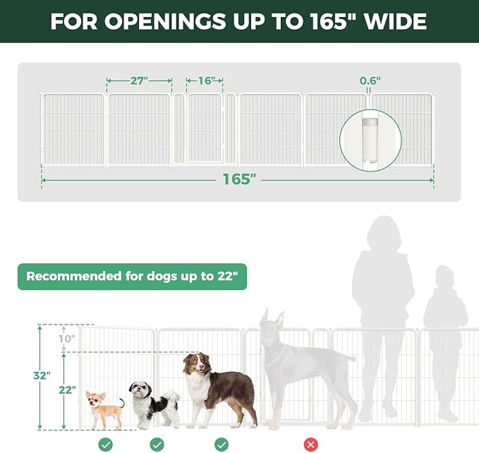FXW Dog Gate Extra Wide Designed for Indoor Use, Adjustable Width Up to 165-inch Wide (32" H 6 Wire Panels for Small and Medium Dogs), White