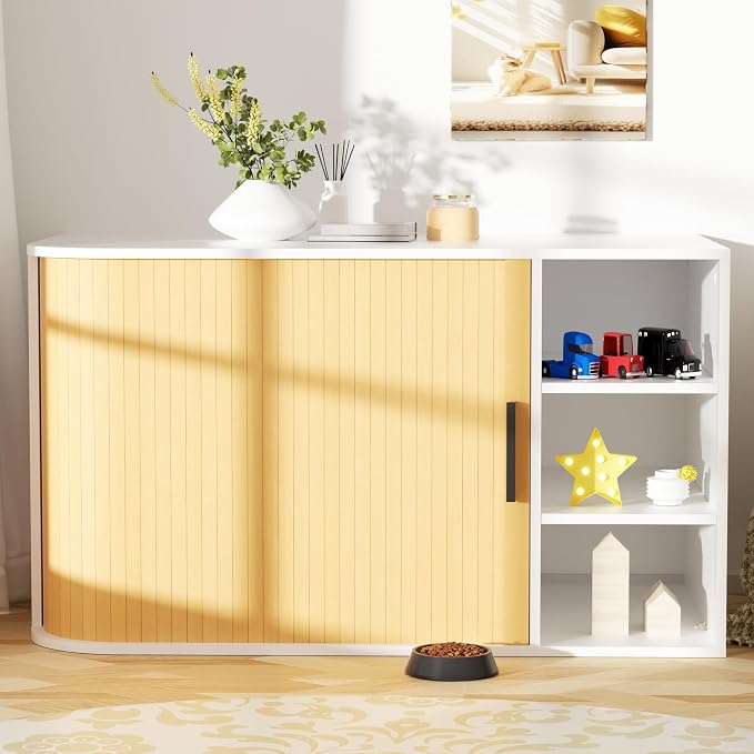 Cat Litter Box Enclosure Litter Box Furniture Hidden with Sliding Door Wooden Washroom Modern Indoor Cat House Table Nightstand Side End Table Box Cabinet,White and Natural