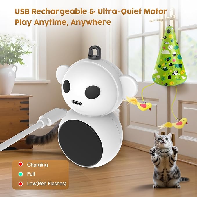 Interactive Cat Toy for Indoor Cats: 2 in1 Automatic Hide and Seek Moving Concealed Flying Bird Wand Feather with Chirping Bird Squeaky, Hanging Rechargeable Exercise Cat Toy for Kittens and Adult Cat