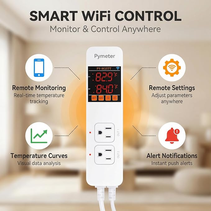 SmartLife/Tuya APP WiFi Temperature Controller with Dual Probes, Smart Digital Thermostat with Two Outlets for Reptile Heat Mat, Greenhouse Seedlings, Homebrew Fermentation, Cooling Fan