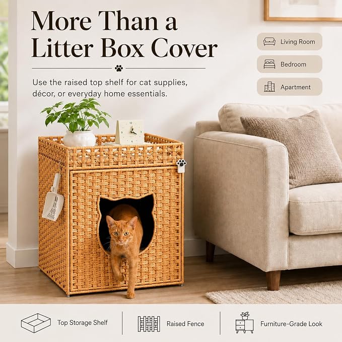 Handwoven Rattan Cat Litter Box Enclosure for Large Litter Box, Includes 1 Litter Mat & 2 S-Hook Attachments, Furniture-Grade Hidden House for Living Room, Bedroom, 24.6"x24"x19.88", Natural