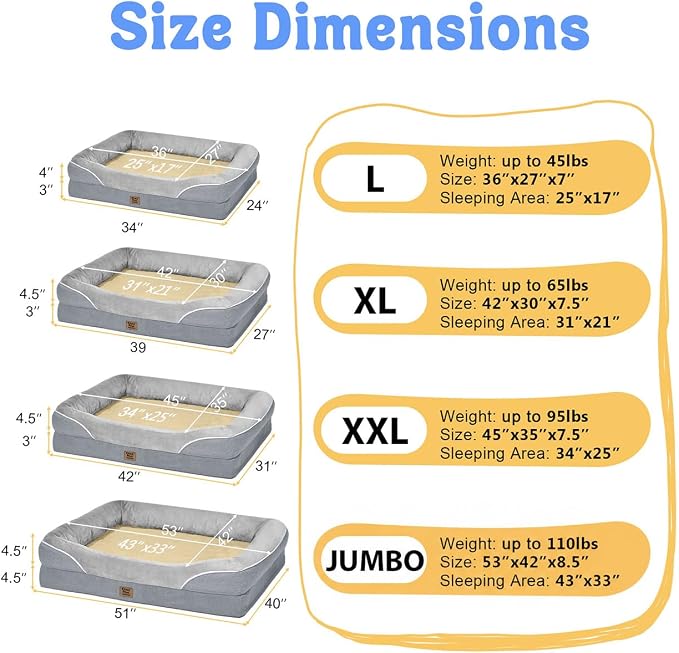Chez Paw Large Orthopedic Dog Bed for Extra Large Dogs, Waterproof XL Egg-Crate Foam Dog Bed with Removable Washable Cover & Non-Slip Bottom, 4-Sided Bolster Support, Silver 42"x30"x7.5"