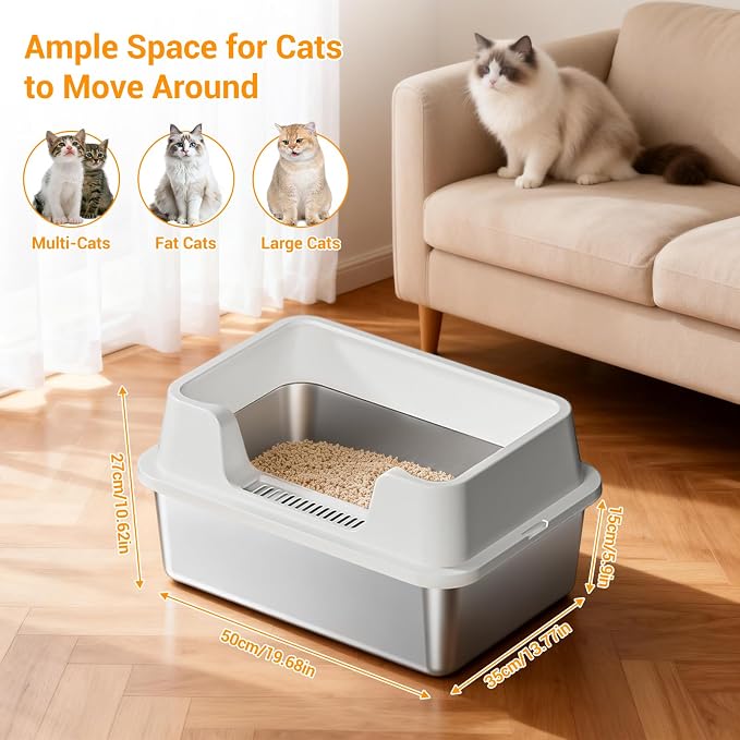 Enclosed Stainless Steel Cat Litter Box with Lid Extra Large Litter Box for Big Cats XL Metal Litter Pan Tray with High Wall Sides Enclosure, Non-Sticky, Anti-Leakage, Easy Cleaning