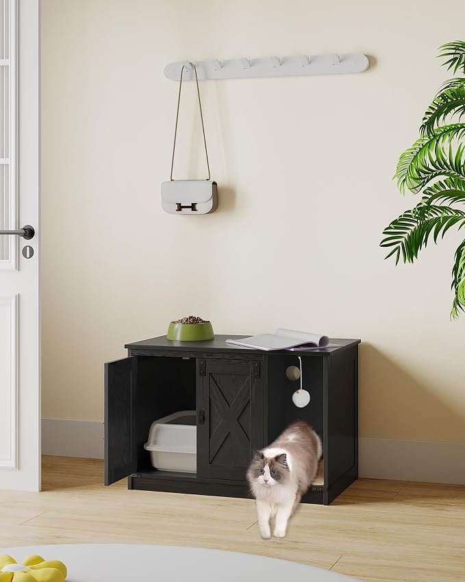 Hzuaneri Cat Litter Box Enclosure, Hidden Litter Box Cabinet Furniture with Bell, Indoor Cat House, Farmhouse Style, 31.5 x 19.7 x 20.9Inches, for Hallway, Bedroom, Black CB82404X
