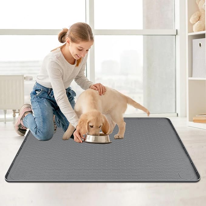 Cat Food Mat, 40" x 28" Cat Litter Mat Extra Large Silicone Pet Feeding Mat with Raised Edge Pet Placemat for Food and Water Bowl Non-Slip, Easy to Clean, Floor Protection (Dark Gray)