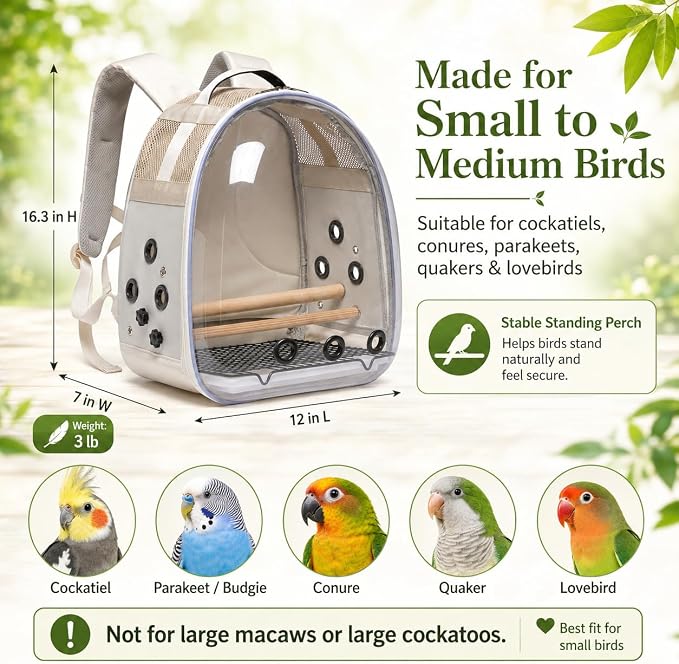 Bird Carrier Backpack for Small Medium Birds, Bird Travel Cage with Adjustable 2 Wooden Perches, Removable Tray, Feeder Cups Sunshade Cover,Bird Backpack for Parakeet Cockatiel Conure Quaker Lovebird