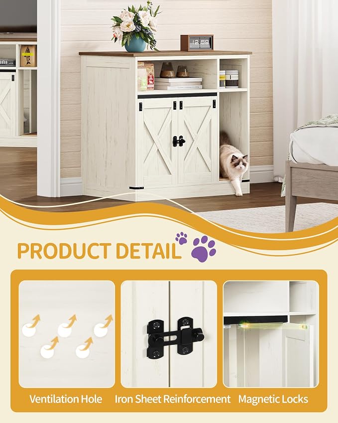 Hzuaneri Cat Litter Box Enclosure, Hidden Litter Box Furniture with Storage, Wooden Cat Cabinet with Scratch Pad, Farmhouse Cat Washroom, TV Stand End Table, Rustic Brown and White CB87514X