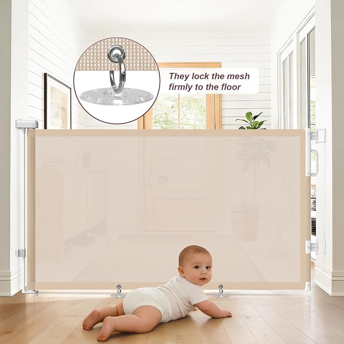 2Pack Retractable Baby Gates for Stairs, 58" Extra Wide Mesh Dog Gate for Doorways, Child Gate for Toddler Pet, Indoor and Outdoor Use, Easy Install, 34" Height, Beige