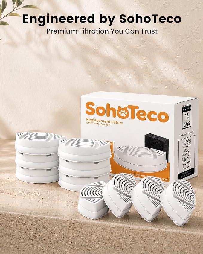 10 Pack Official Replacement Filters (4-Month Supply) for SohoTeco Stainless Steel Cat Water Fountain