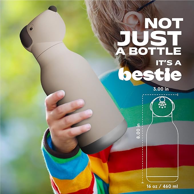 asobu Bestie Bottle Insulated Stainless Steel Water Bottle with Detachable Soft Animal Head Fun Drinking For Kids and Teens16 Ounce (Beige Dog)