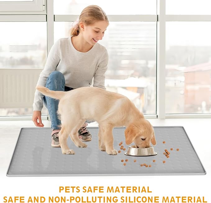 Extra Large Silicone Dog Food Mat 33.9"x21.9" – 0.27" Raised Edge Waterproof Pet Feeding Mat, Non-Slip Placemat for Multiple Bowls, Auto Feeders, Cat Fountains, Dishwasher Safe (Black/Gray)