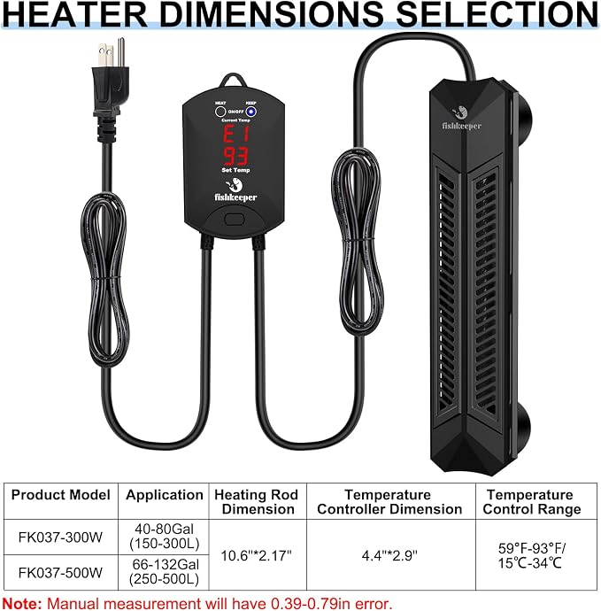 fishkeeper Aquarium Heater, 500 W Adjustable Fish Tank Heater with Digital Display Controller, Submersible Water Heater with Thermostat Over-Temperature Protection for Saltwater Freshwater 66-132 Gal