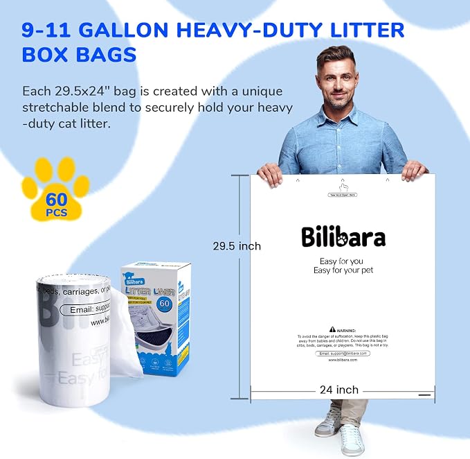 Litter Box Liner Bag Compatible with Cat litter Box 3 and 4, 60 Pack - Extra Thick Waste Bags for Self-Cleaning Pet Kitty Litter Box Drawer Liners, 9-11 Gallons Home/Kitchen Trash Bags