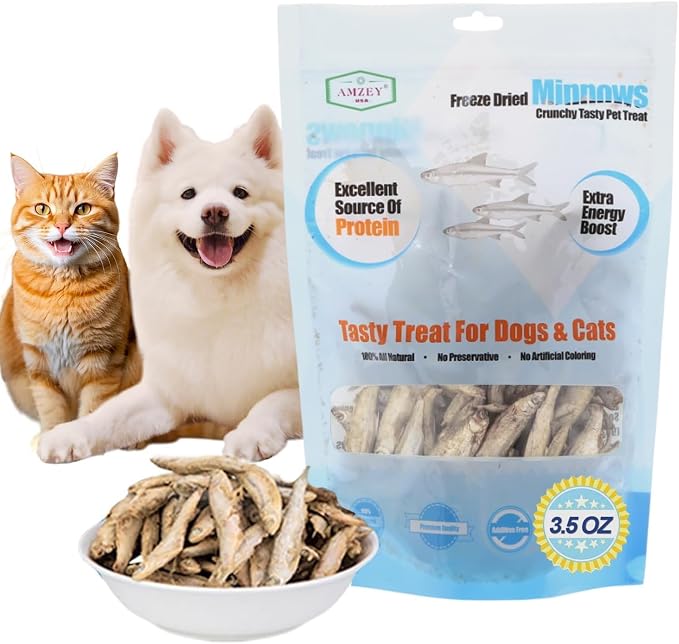 Amzey 3.5oz Minnows Dog Treats - Freeze Dried Minnows Cat Treats - High Protein & Premium Quality Training Treats - Bulk Package (1.6" to 2.8" Length Each)