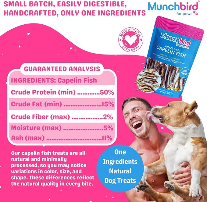 Munchbird Freeze Dried Capelin Whole Fish with Roe Cat Dog Treats - Single Ingredient, High Protein & Omega 3 for Skin and Coat, Grain-Free (100g) Wild-Caught