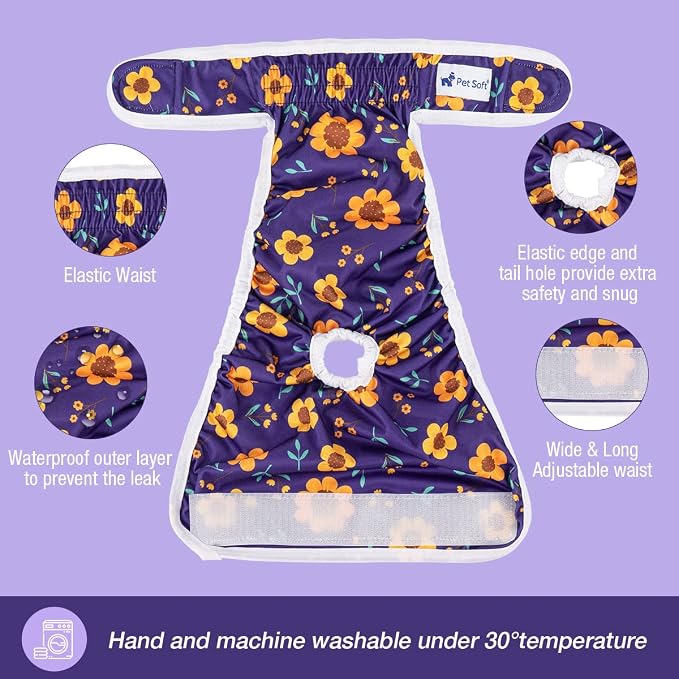 Pet Soft Washable Female Diapers (3 Pack) Female Dog Diapers, Comfort Reusable Doggy Diaper for Girl Dog in Period Heat (Cute Flower, XL)