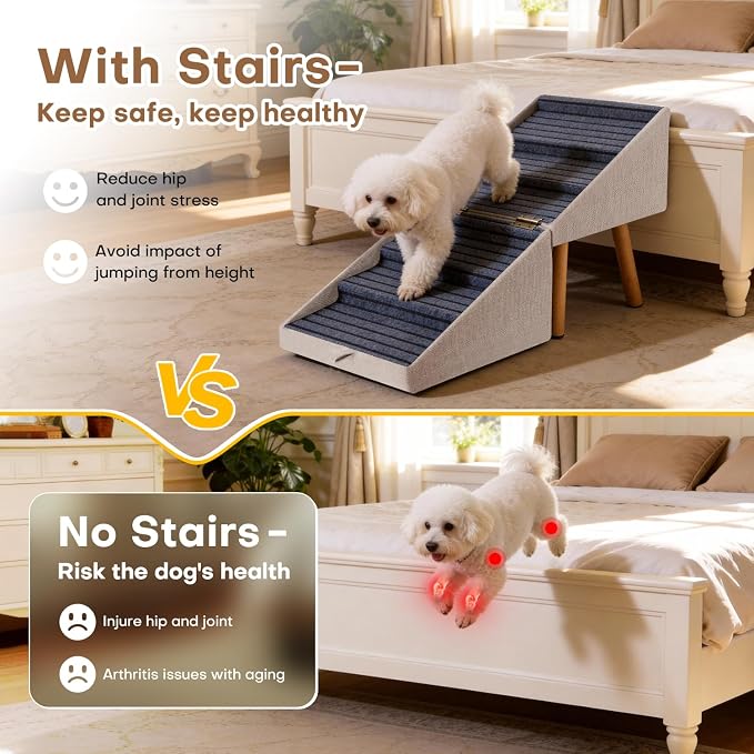 Dog ramp for Small Dogs, 2-in-1 Pet Steps & Ottoman - Foldable Dog ramp for Couch, Non-Slip Wooden Pet ramp for Puppy Senior Injured Dogs (Light Beige, XXL(21.06H))
