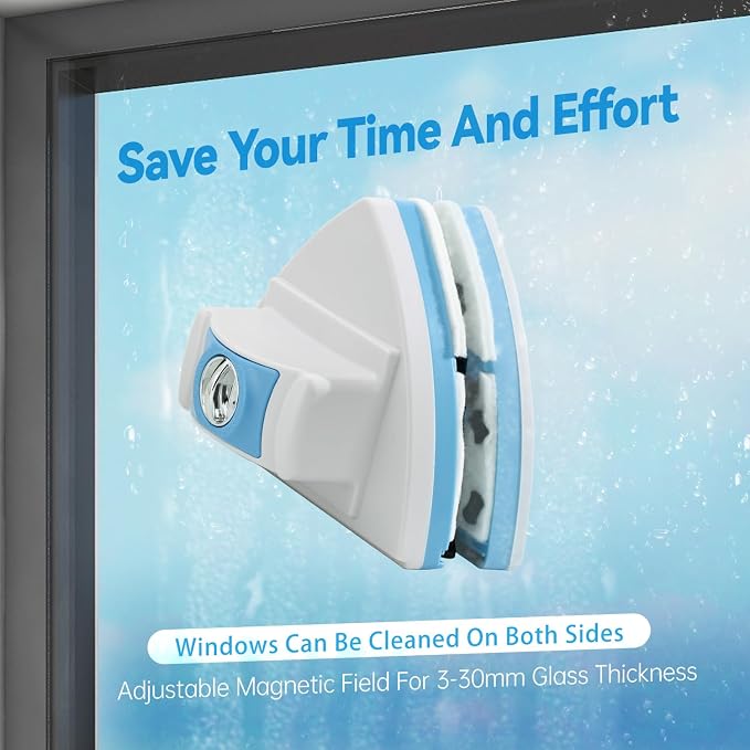 Double-Sided Magnetic Window Cleaner, Blue | Adjustable Magnetic Equipment, Fits 3-30mm Glass Thickness, 2.5m Safety Rope, High-Rise & Auto Glass, Safe Anti-Pinch Wiper