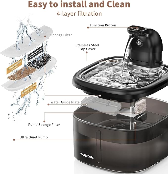 Cat Water Fountain Cordless 118oz/3.5LWireless & Ultra Quiet with Sensor/Timer Mode Stainless Steel Tray BatteryOperated Pet Fountain for Indoor Use, Pet Water Dispenser (Cat Fountain+8 Filters)