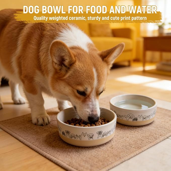 Ceramic Dog Bowls Set of 2,6.1inch Wide Dog Food Bowl with Cute Patterns Printing for Small Medium and Large Breed Dogs,Weighted Pet Feeding Dishes for Food and Water Dishwasher Safe