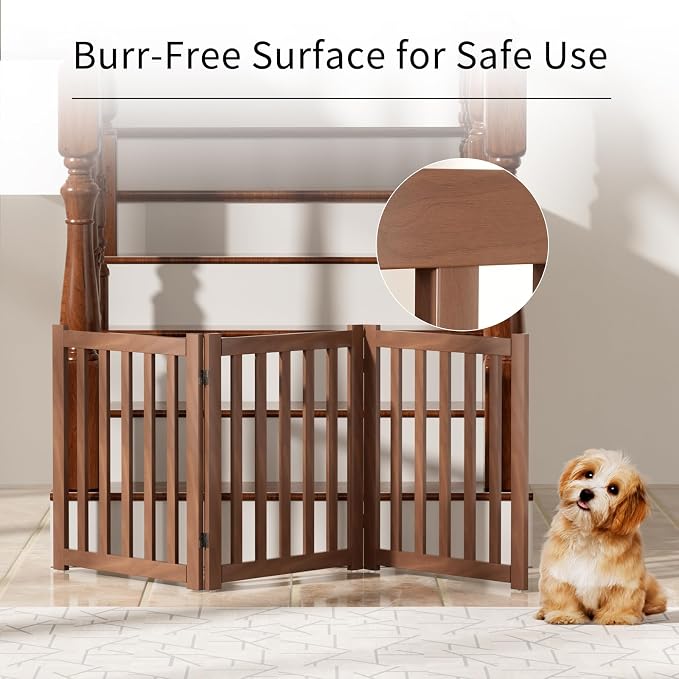 3-Panel Solid Wood Dog Gate - Freestanding Folding Pet Gate for Doorways, Stairs, Indoor, 24" Height, No Installation Needed, Walnut