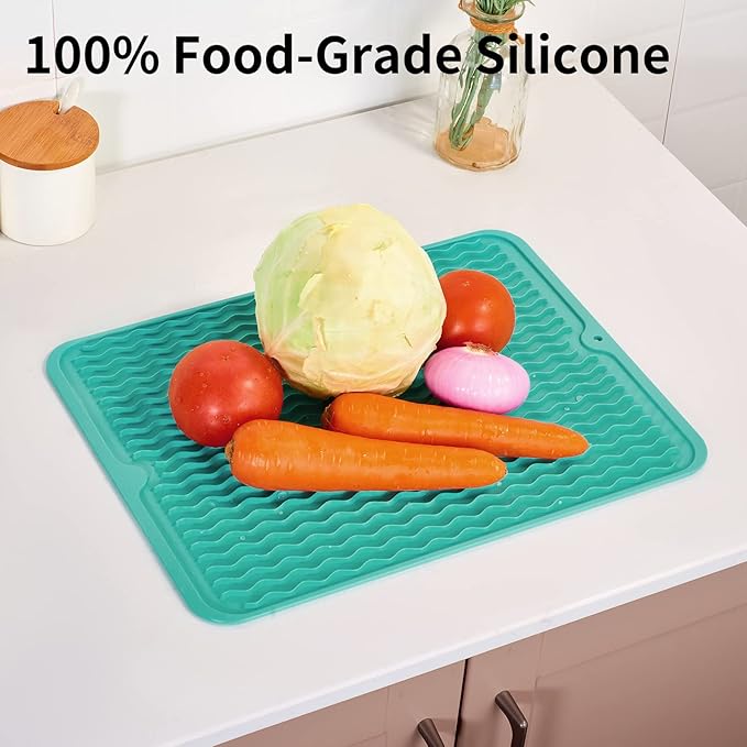 ZLR Silicone Dish Drying Mat for Kitchen Counter (12" x 16" / 307 x 405mm) - Large Fast-Dry Drainer Mat with Raised Wavy Ridges & 5mm Lip - Non-Slip, Heat Resistant 450°F, BPA-Free (Mint Green)