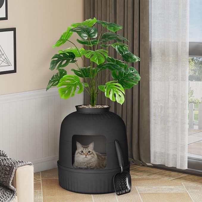 Lifewit Cat Litter Box, Hidden Enclosure Litter Tray with Odor Control & Carbon Filter in Living Room, Bedroom, Corner with Faux Plant& Stainsteel Scoop, 48 x 120 cm/19x47, Black