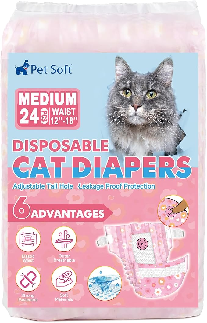 Pet Soft Disposable Cat Diapers - Diaper for Female & Male Cats, Puppy Doggie Diapers for Female Dogs with Adjustable Foam Tail Hole, Medium (24Pcs, PK Flowers)