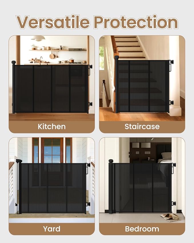 Retractable Baby Gate, 71" Wide 34" Tall Reinforced Mesh Baby Gate for Open Kitchens and Wide Doorways, One-Hand Operation Retractable Dog Gate, Fits Baseboards, Black