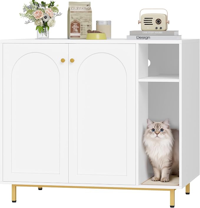 Hzuaneri Extra Large Cat Litter Box Enclosure, Automatic Litter Box Furniture with Scratch Pad, Wooden Modern Self-Cleaning Cat Cabinet with Storage, Cat Washroom, End Table, White and Gold CB87103G