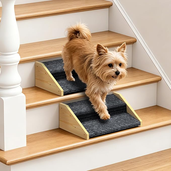 2 Pack Dog Ramp for Stairs-2-Step Wooden Pet Ramp with Non-Slip Carpet for Small Dogs,Gentle Slope Support for Senior Injured Aging Short-Legged Pets,Indoor Use