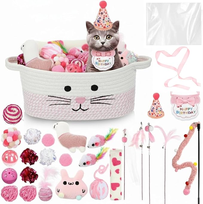 Zopeal 38 Pcs Graduation Cat Toy Set Interactive Cat Toys Pack Including Cats Gift Basket Feather Teaser Wand Plush Gift Outfit Mice Crinkle Balls and Pet Bell Balls, Puzzle for Indoor(Pink)