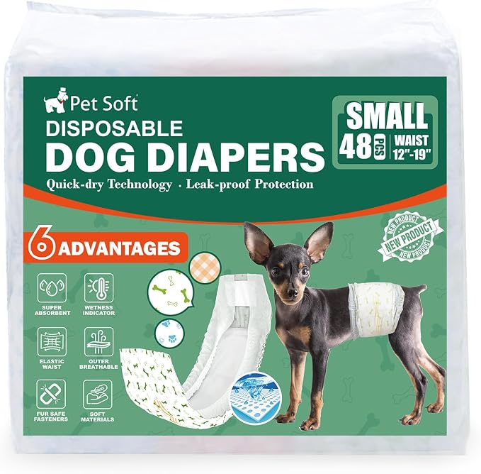 Pet Soft Disposable Dog Dipaers - Male Dog Wraps Wetness Indicator, Ultra Absorbent Puppy Diapers Male for Excitable Urination or Incontinence, 48pcs Small